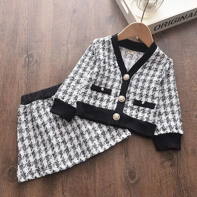 Bear Leader Girls Baby Winter Knitted Clothes Sets Fashion Kids Elegant Plaid Sweaters Tops And Skirt Outfits Princess Knitwear