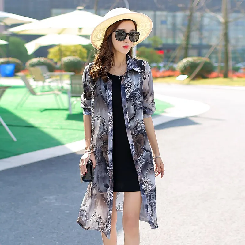Summer Long Sleeve Floral Loose Cardigan Chiffon Blouse Women Long Shirt Beach Sun Protection Clothes Print Tops Women 9127