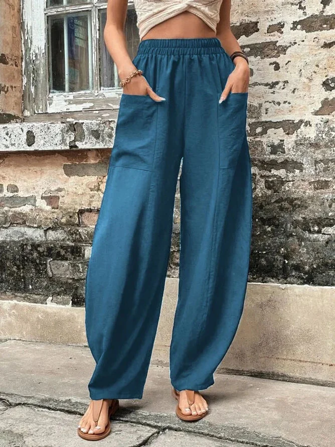 Women Casual Plus Size Cotton Solid Pockets Pants