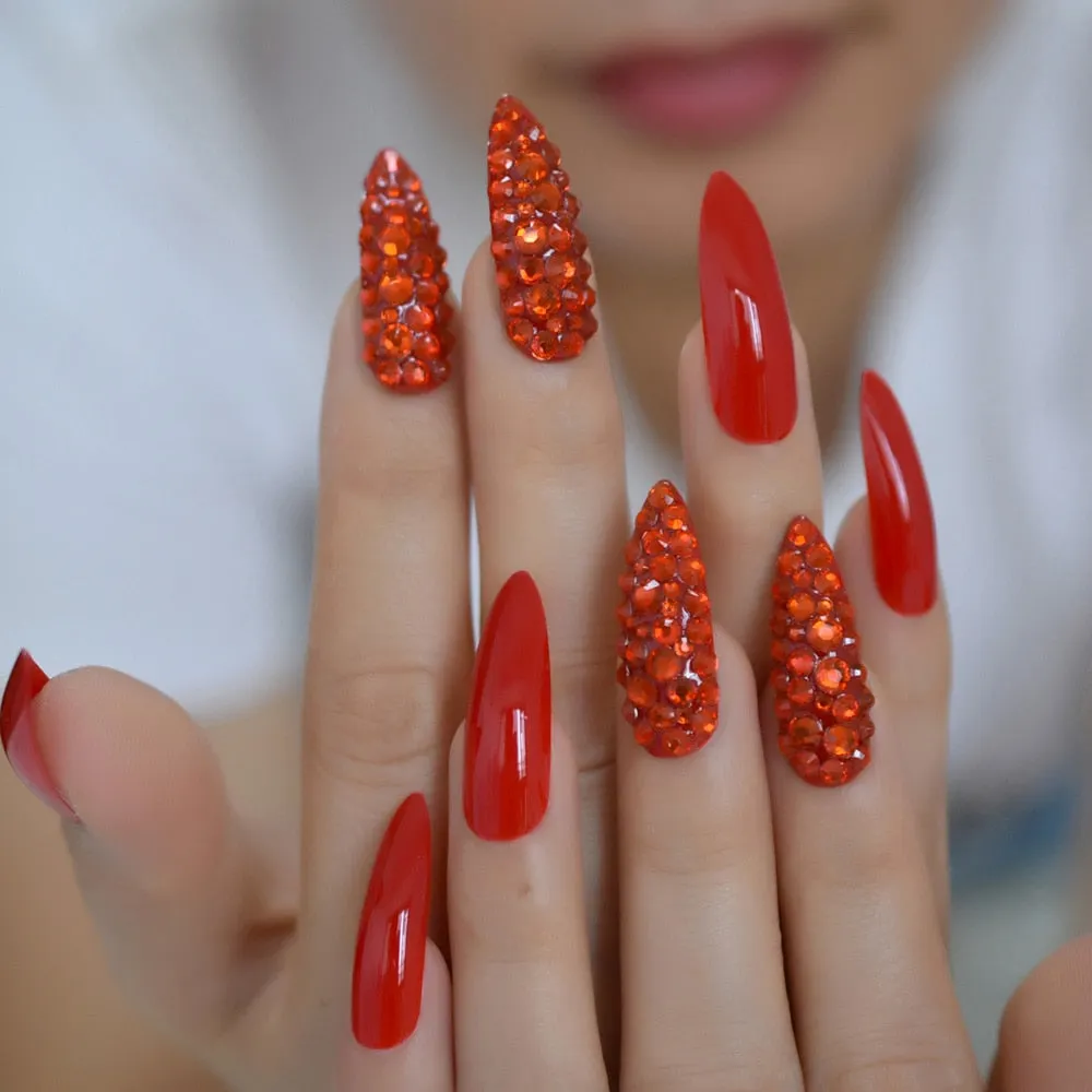 Detachable Fake Nails China-red Extra Long Coffin Press On Nail Art Gold Glitter Decoration Noble Nail Artificial Tips-Nail Inspo