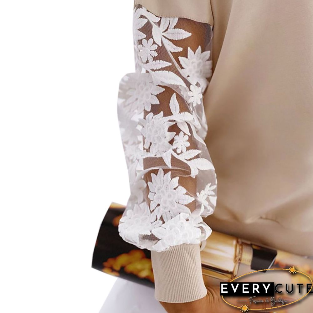 Khaki Splice Lace Hollow Out Pullover Sweatshirt