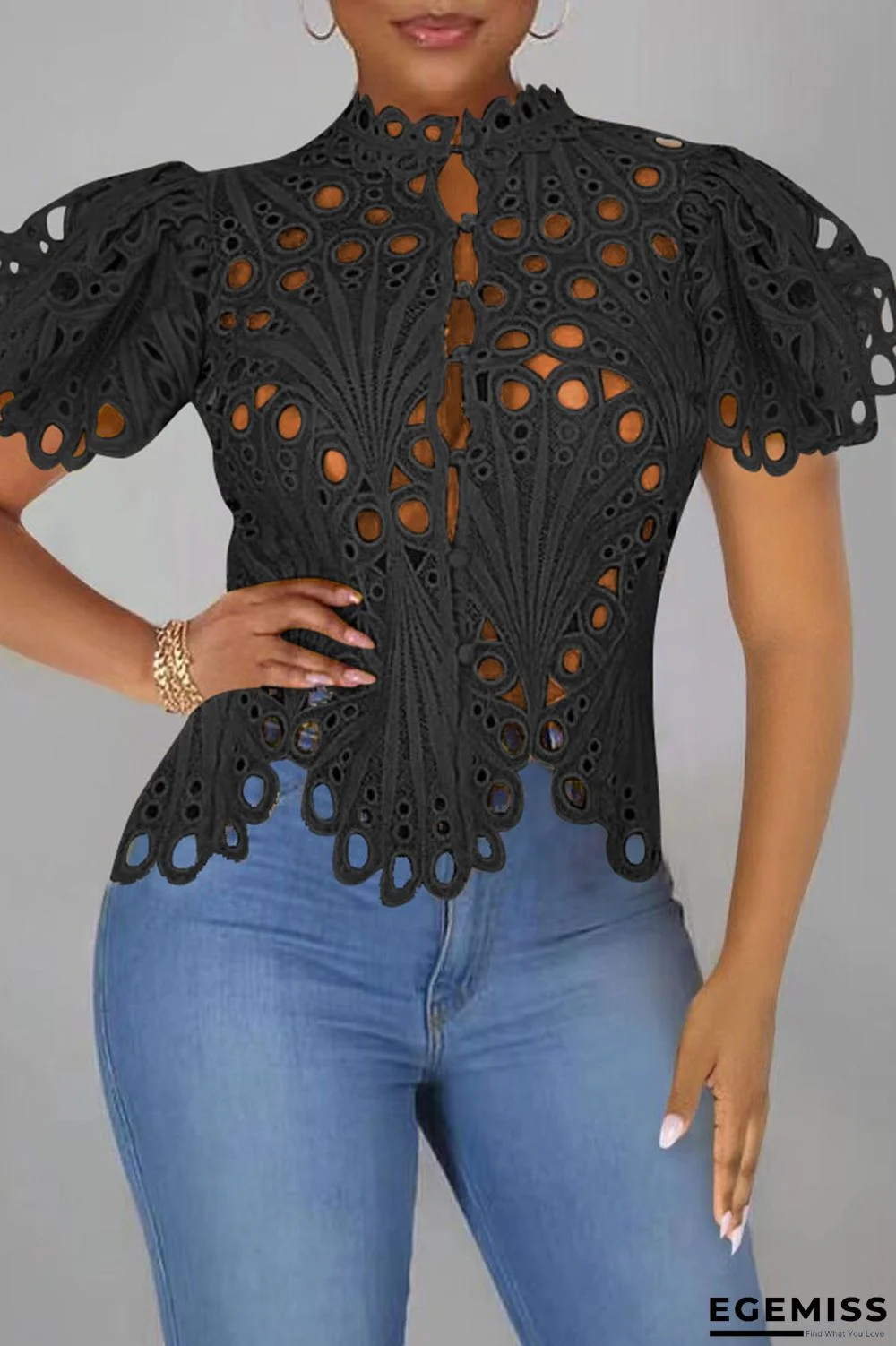 Black Fashion Sexy Solid Hollowed Out Patchwork Buckle Asymmetrical T-Shirts | EGEMISS