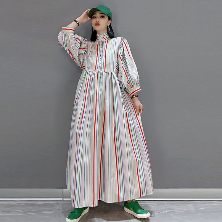 Casual Stand Collar Colorful Striped Lantern Long Sleeve Dress