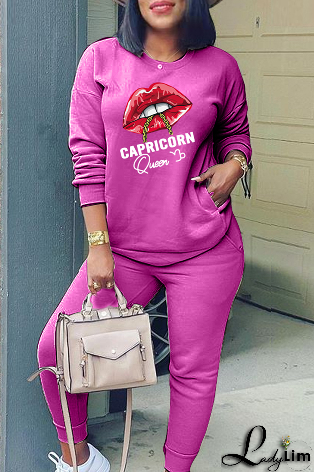 Yellow Fashion Lips Printed Patchwork O Neck Long Sleeve Two Pieces