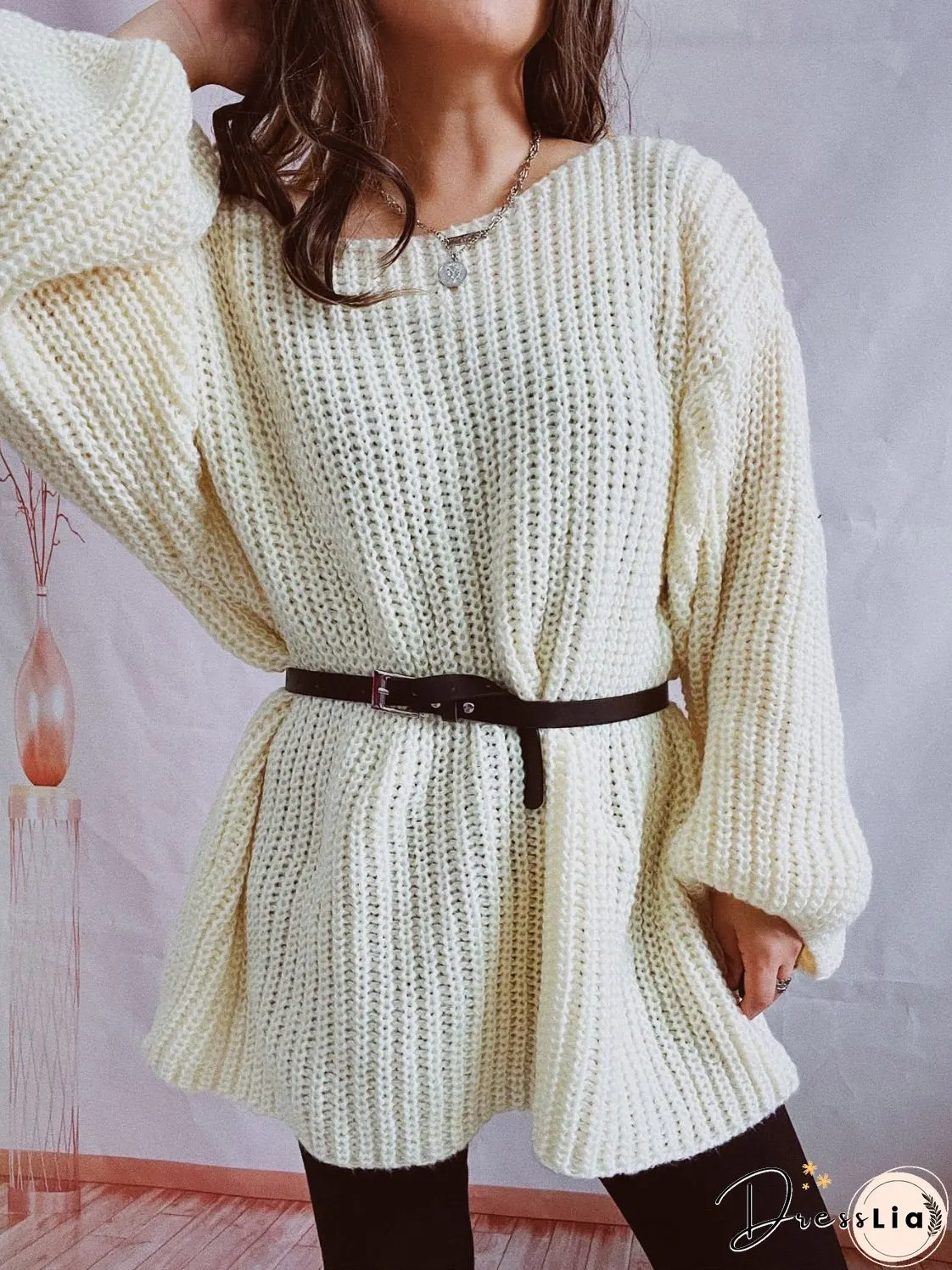 Boat Neck Long Sleeve Sweater with Belt
