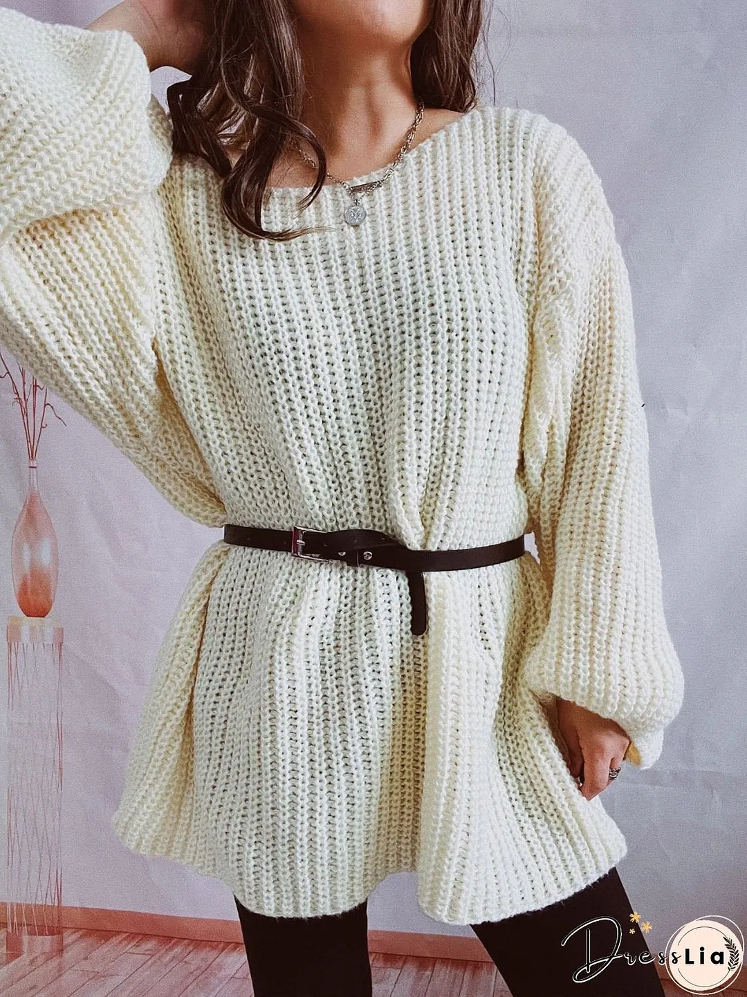Boat Neck Long Sleeve Sweater with Belt