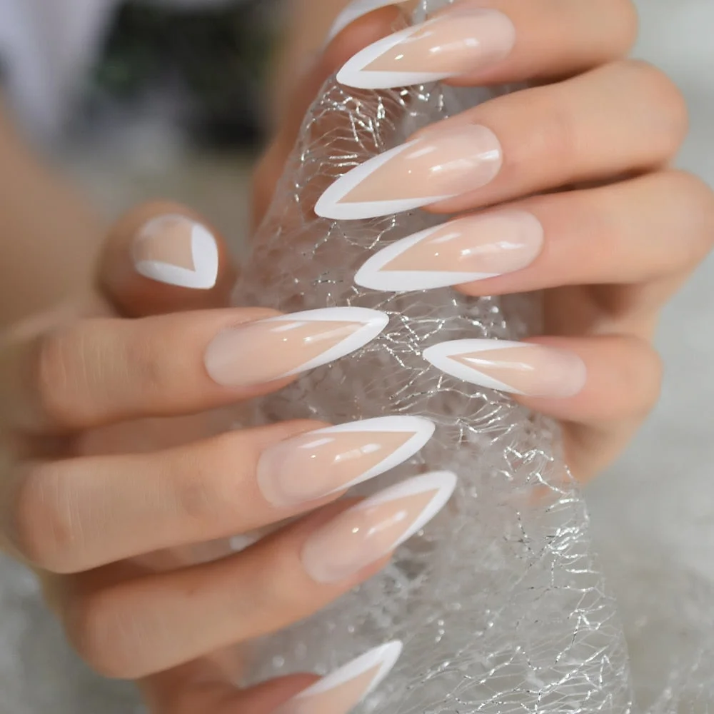 Ballerina False Nails Nude Large V Shape Extra Long Coffin French Nail Art Tips Predesigned Black Glossy Manicure Tips 24-Nail Inspo