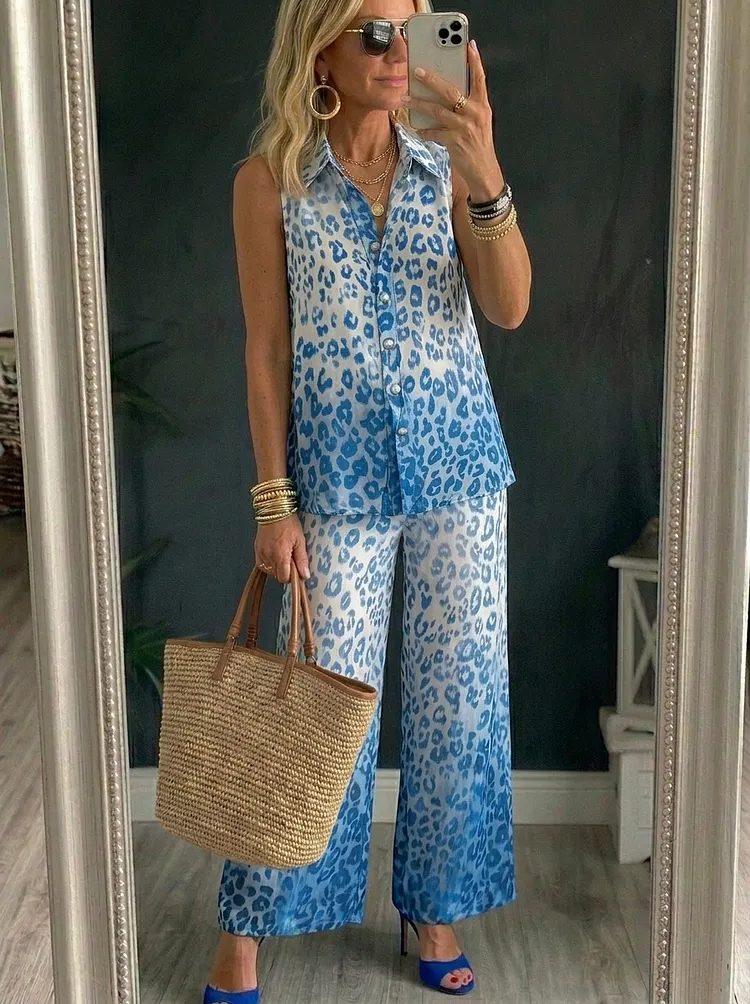Women&rsquo;s Gradient Leopard-print Sleeveless Shirt And Long Pants Two-piece Set