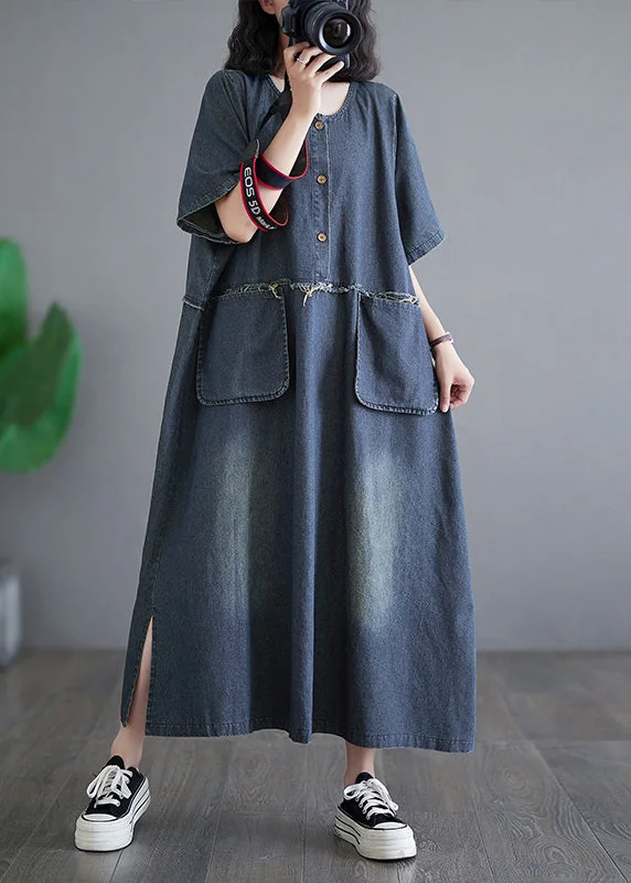 Vintage Denim Blue Patchwork Side Open Button Maxi Dresses Short Sleeve