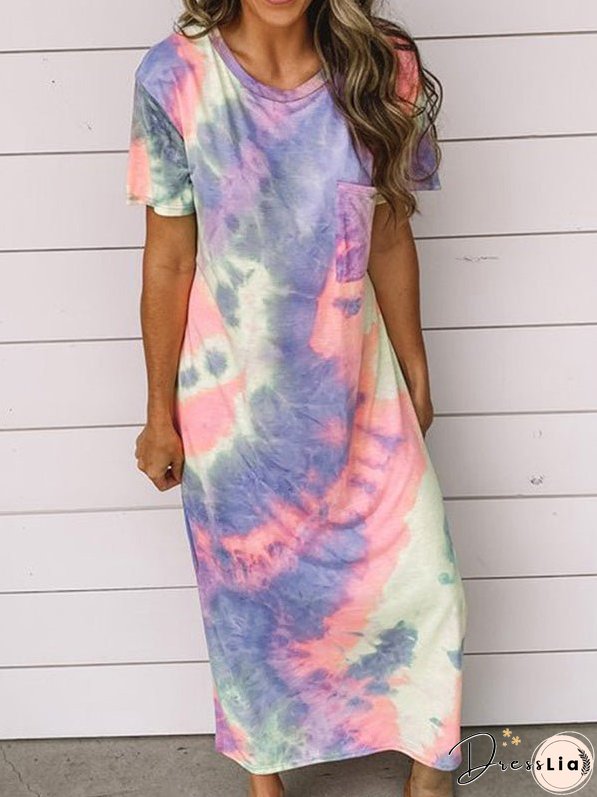 Dresses Tie-Dye Print Crew Neck Pocket Slit Dress for Women