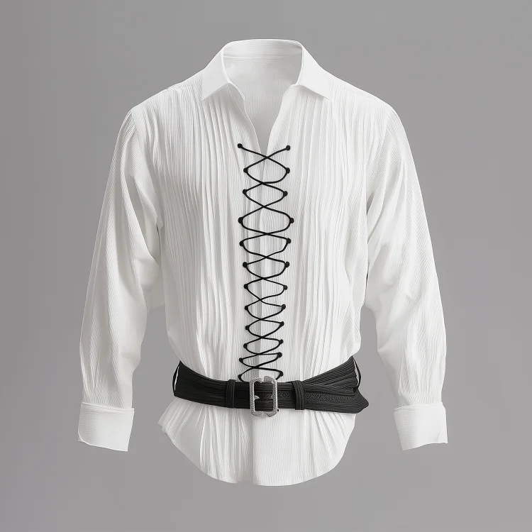 Okaywear Fold Turndown Collar Lace-Up Belt Long Sleeve Shirt 