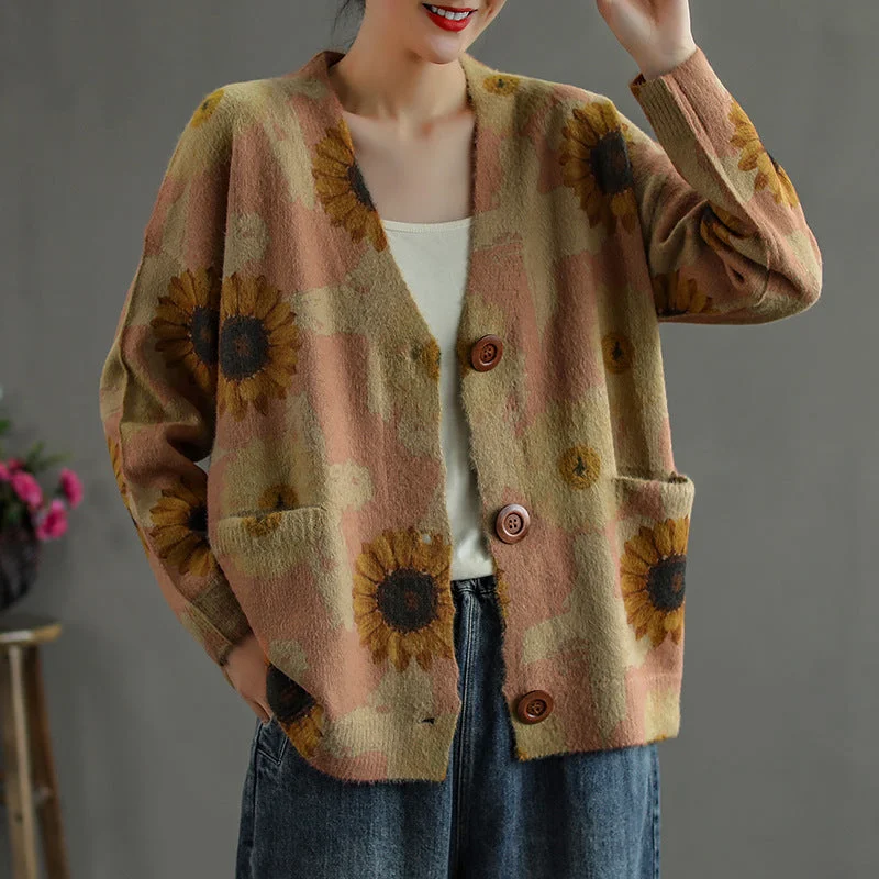 Womens Ethnic Print Knitted Retro Loose Sweater