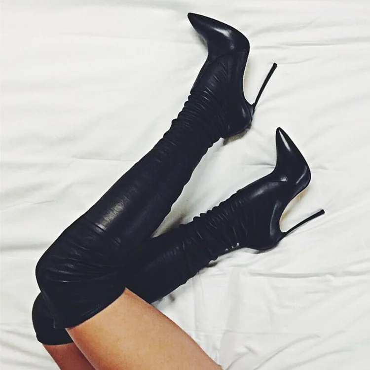 Black Pointed Toe Sexy Tight Thigh-High Boots with Stiletto Heels |FSJ Shoes