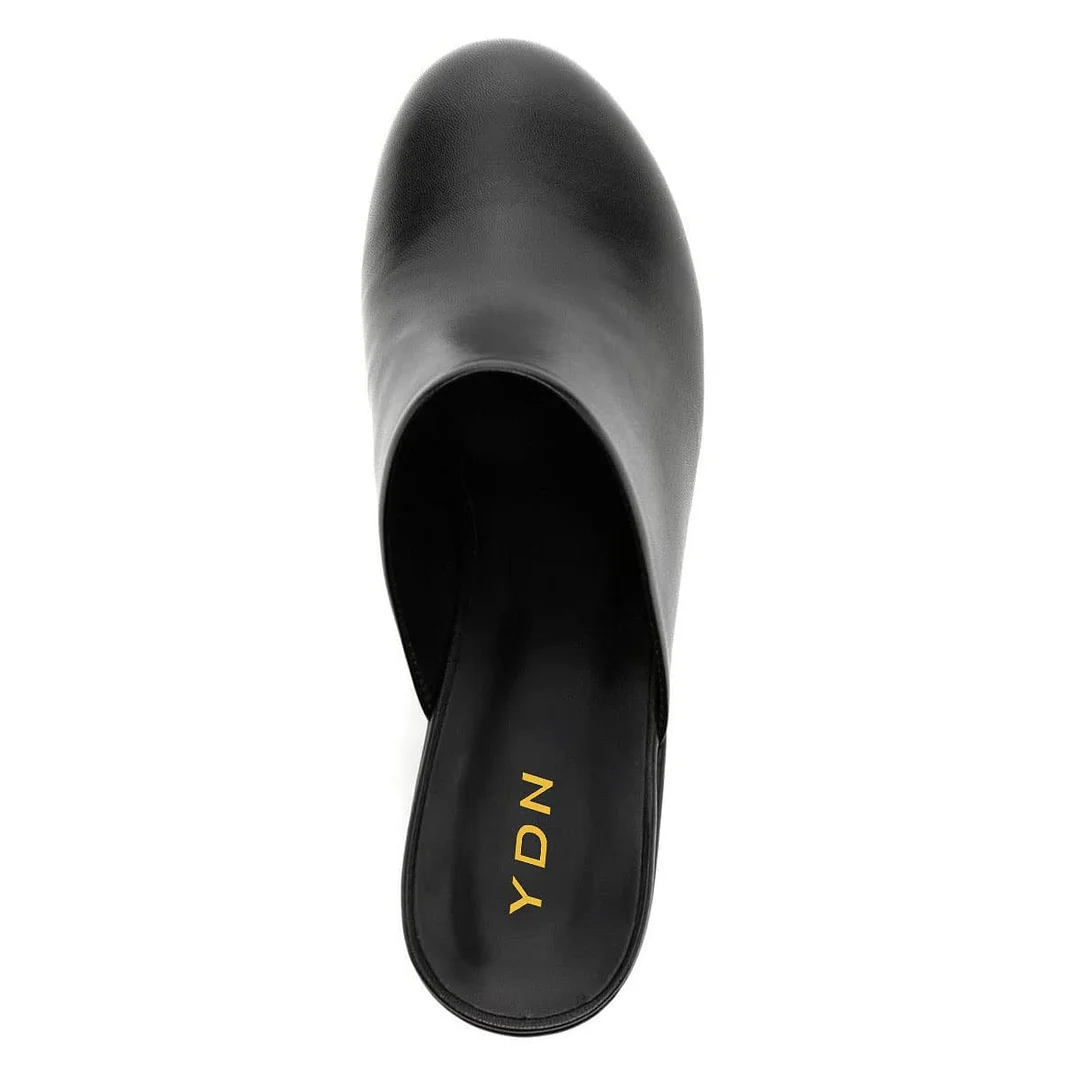 Vegan Leather Closed Round Toe Block Heel Platform Black Mules