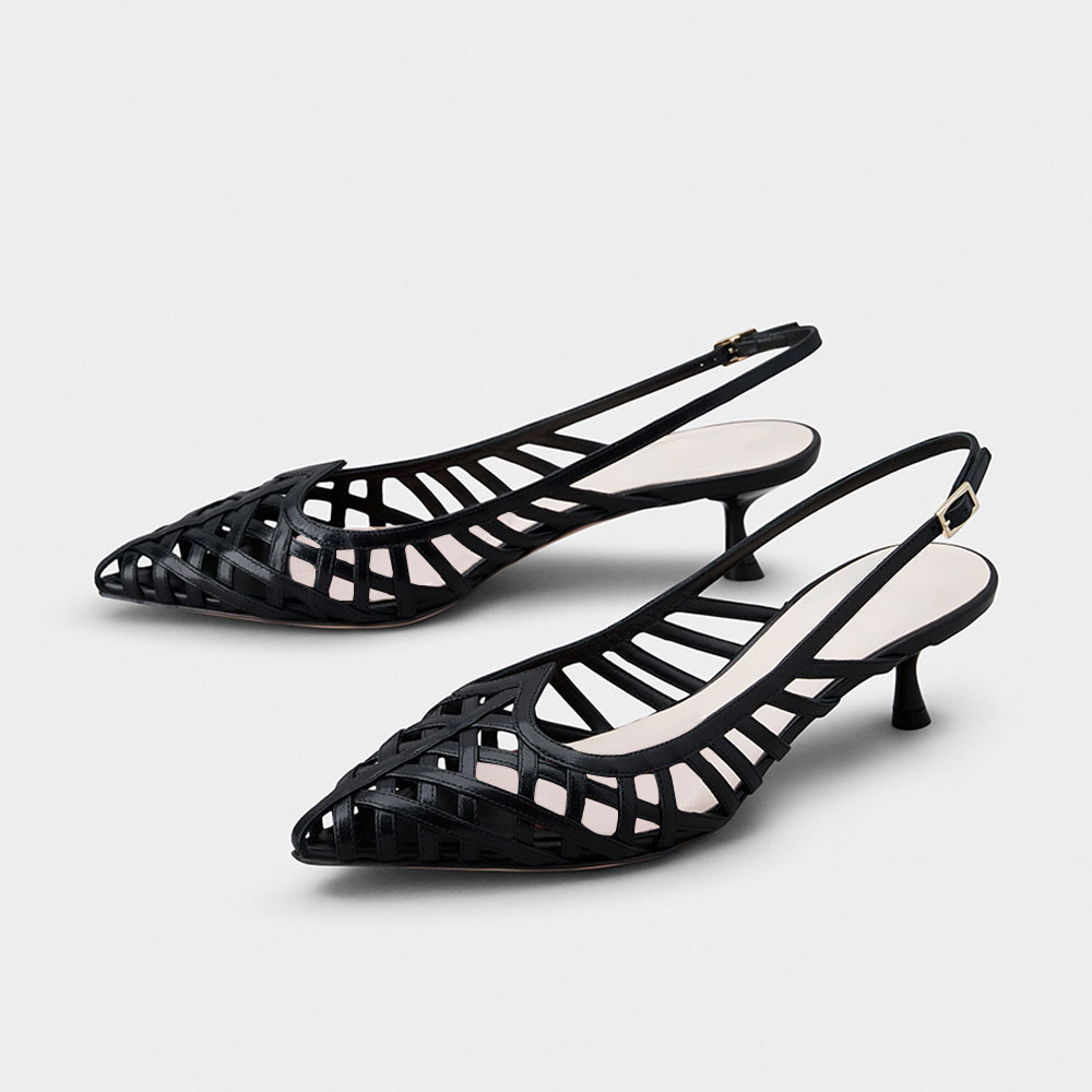 Black Pointed Toe Kitten Heel Hollow Out Strappy Slingback Pumps Nicepairs
