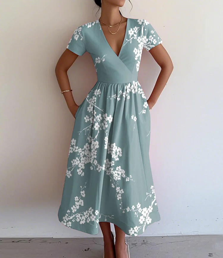 Vintage Elegant Floral Print V-Neck Short Sleeve Dress