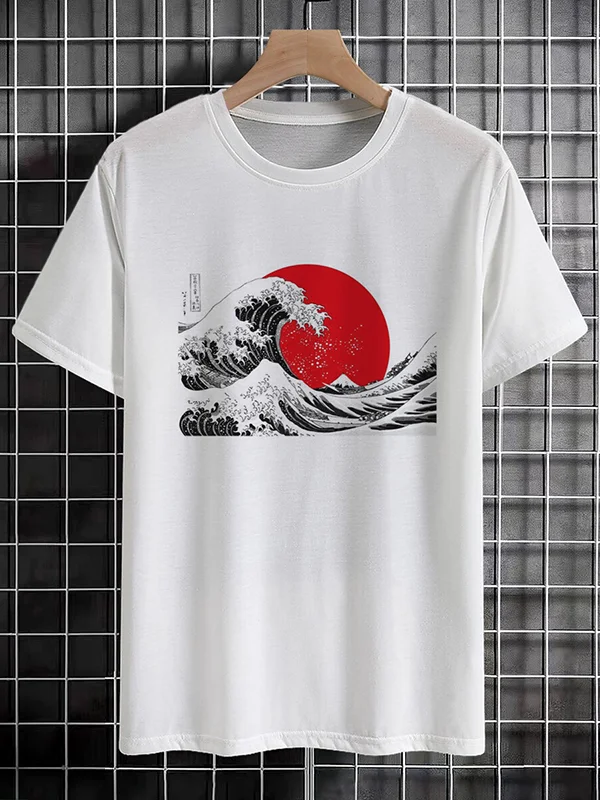 Men's Japanese Rough Seas Sunset Graphic Print Cotton Casual T-Shirt