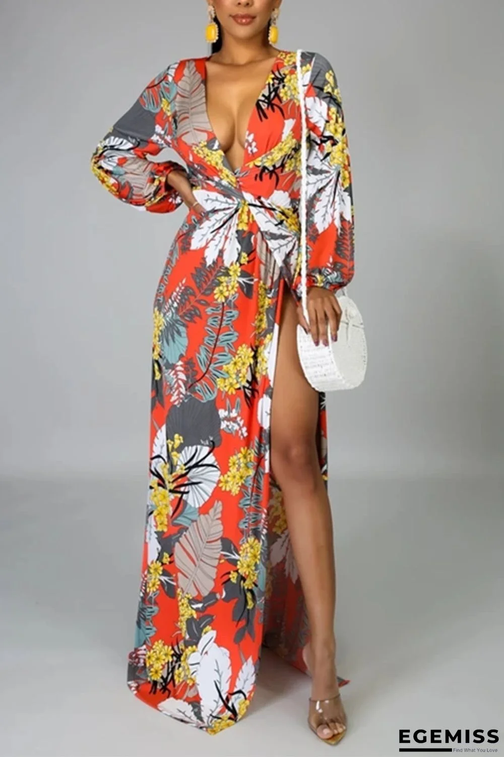 Orange Sexy Print Long Sleeve V-Neck Dress | EGEMISS