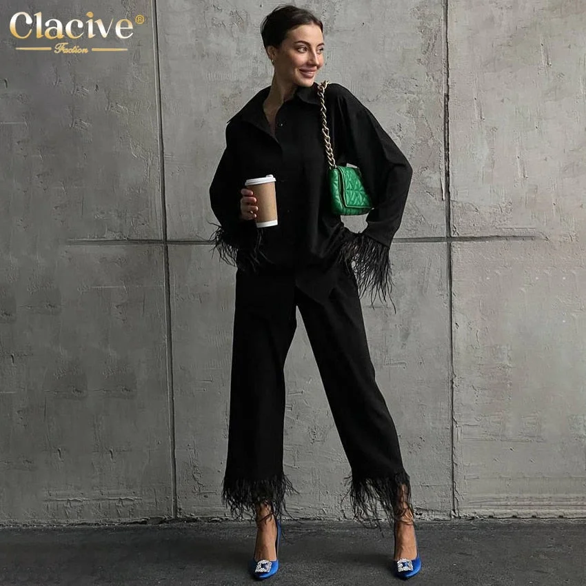 Clacive Causal White Home Suit Women Spring Elegant Loose Shirt Two Piece Pants Set Female Fashion Feather Spliced Trouser Suits