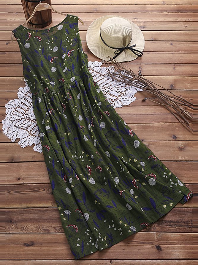 Women Summer Sleeveless Vintage Floral Midi Dresses Zaesvini