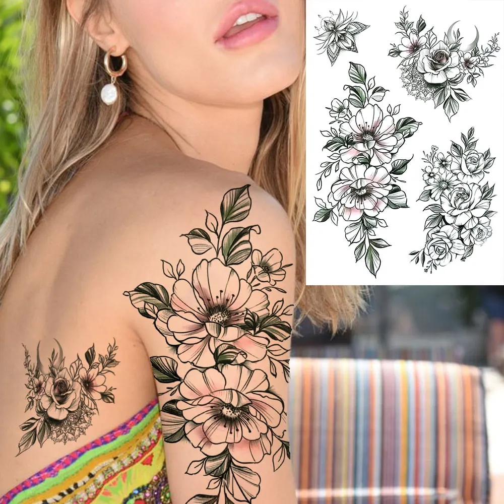 3D Flower Triangle Temporary Tattoos For Women Girl Fake Wolf Deer Geometry Tattoo Sticker Peony Dahlia Body Art Adults Tatoos