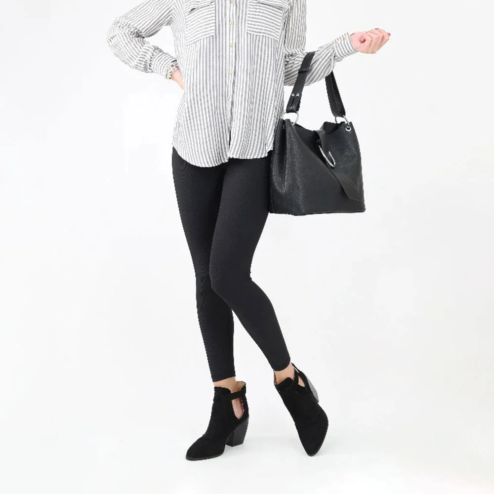 Black Closed Toe Block Heel Cut-Out Buckle Ankle Boots for Women