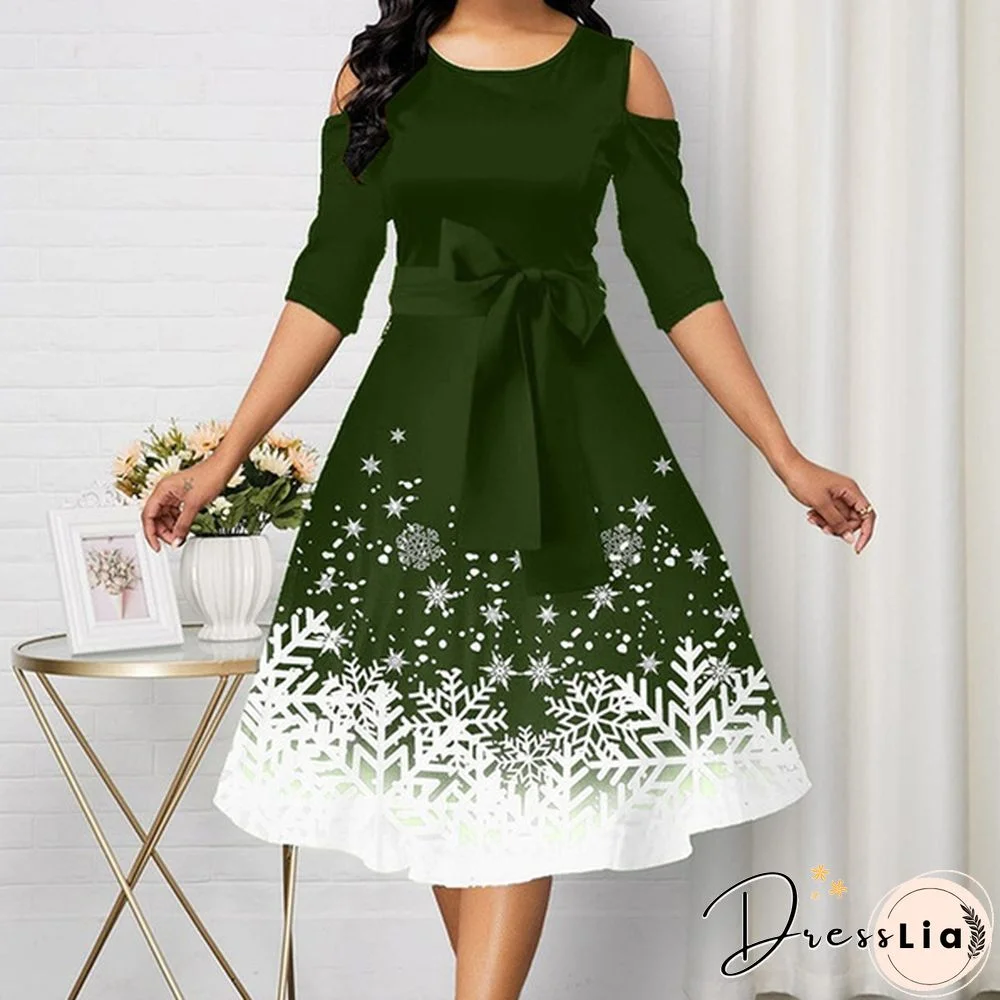 Women Fashion Belted Snowflake Print Christmas Dress Cold Shoulder Round Neck Party Dress Plus Size A-Line Dresses