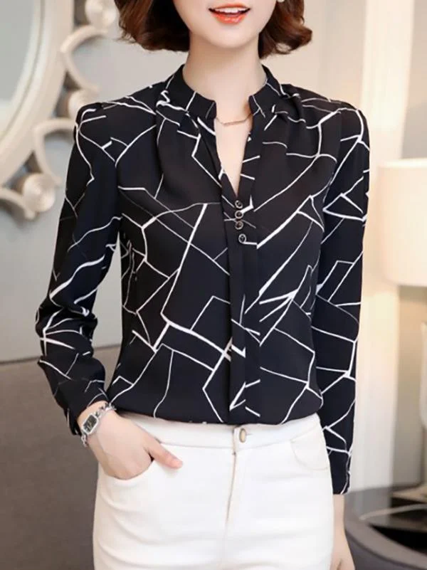 Geometric Print V-neck Slim Long Sleeve Blouse-Allyzone-Allyzone