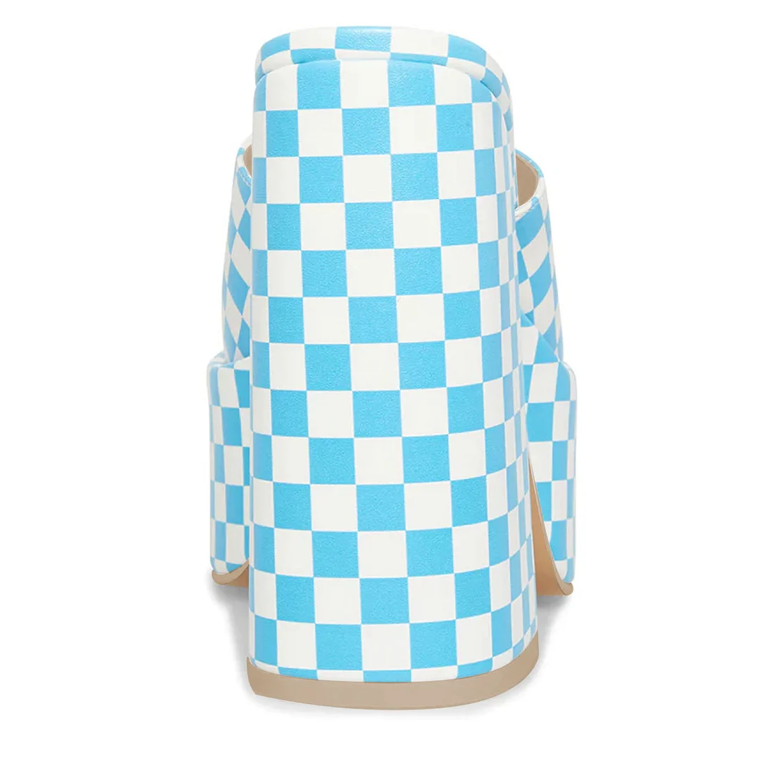 Blue & White Check Printed Square Toe Wide Band Platform Mules