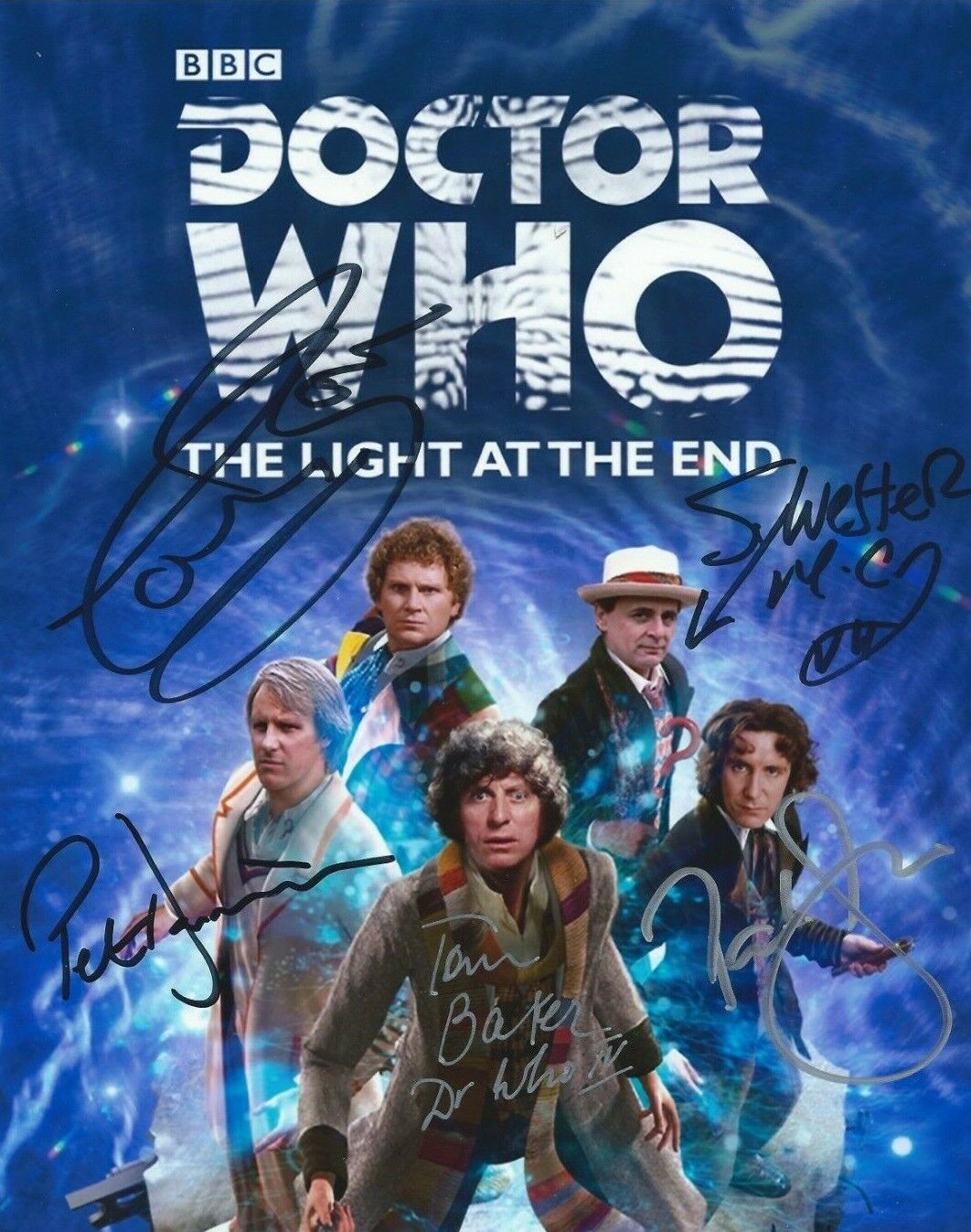 Doctor Who poster Photo Poster painting signed in person by all 5 Doctors - RARE! RARE! RARE!