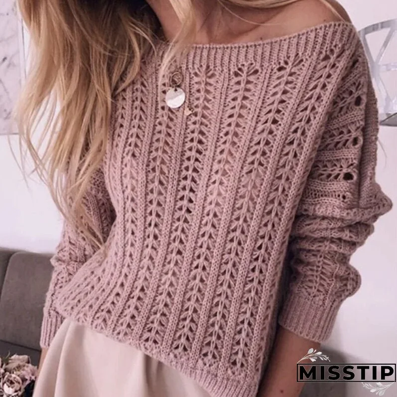 Joskaa Winter Hollow Pink Knitted Sweaters Women Loose Long Sleeves Round Neck Casual Female Sweater Office Lady Tops Jumpers