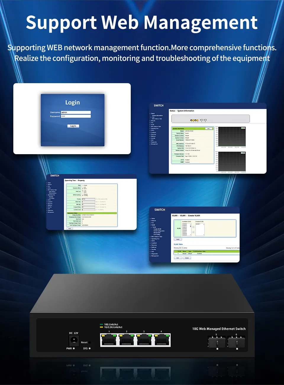 GoodTop 10GbE Web Managed Switch 4 Port RJ45 10000Mbps Smart