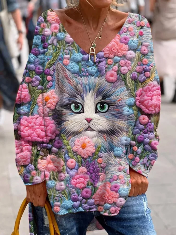 Women's Floral Cat Embroidery Printed V-Neck Long Sleeve Top