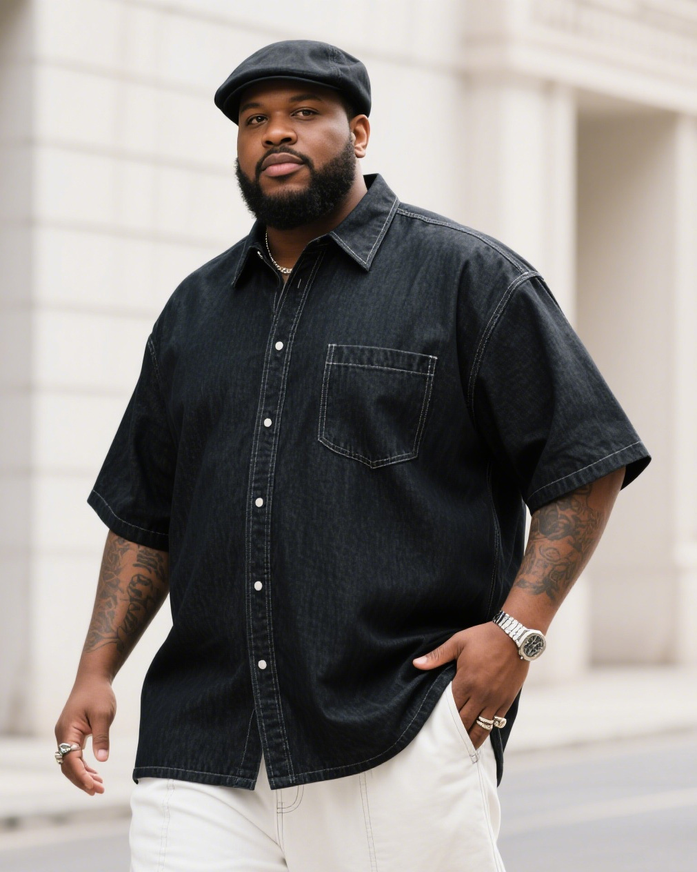 Plus Size Men's All-match Denim Denim Short-sleeved Shirt