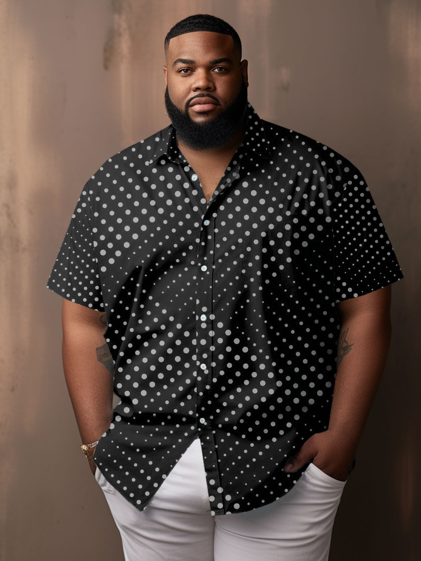 Men's Plus Size Casual Black Polka Dot Short Sleeve Shirt