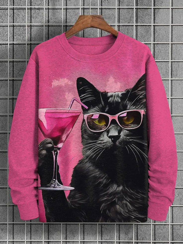 Men's Black Cat Drinking Cocktail Art Print Casual Sweatshirt
