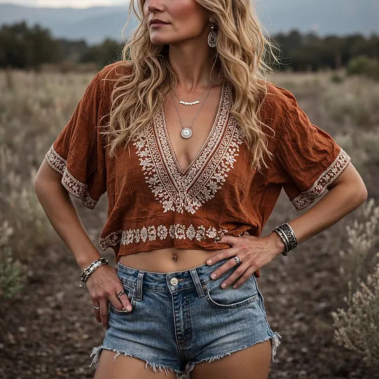 Women's Bohemian Chic: Embroidered Crop Top 