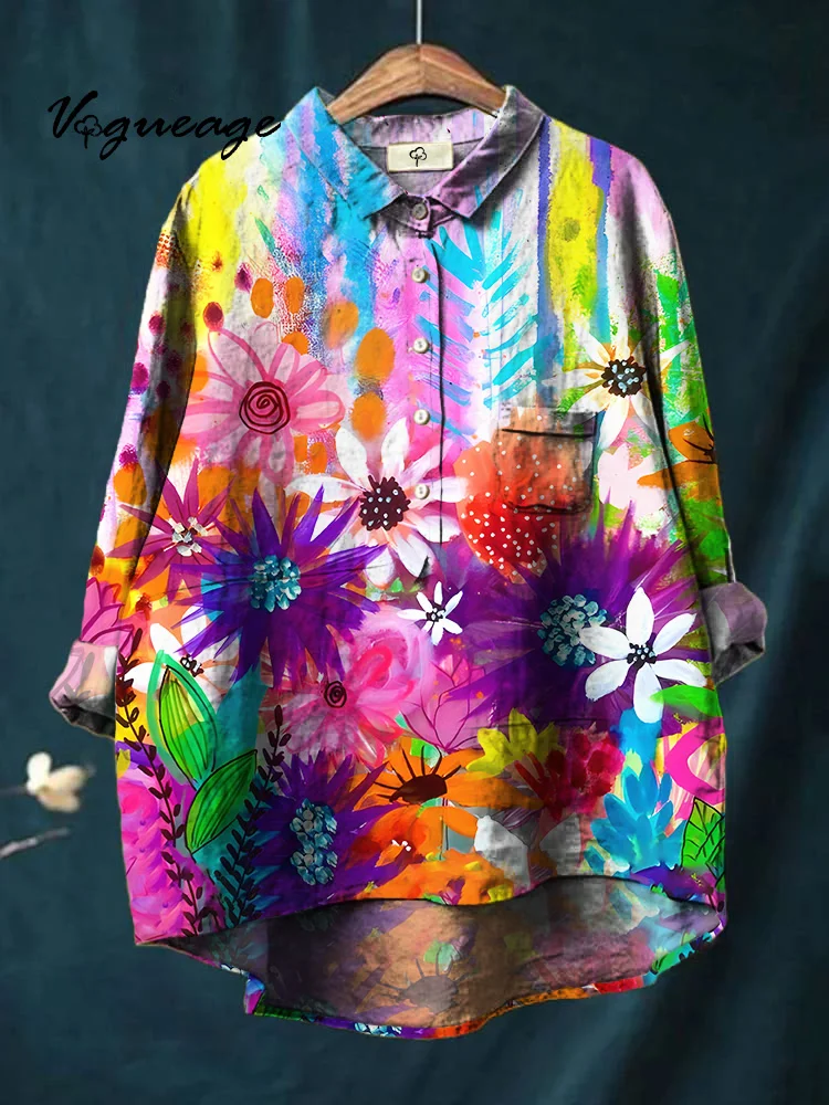 Bright And Cheerful Watercolor Flowers Printed Cotton And Linen Shirt