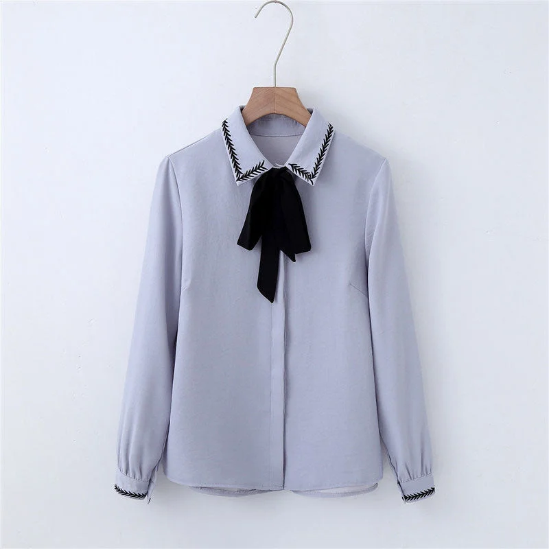 2019 Woman New Shirt Single Breasted Turn down Collar Long Sleeve Cotton Embroidery Feminina Lace Up Bow Hot Sales T8D413Z