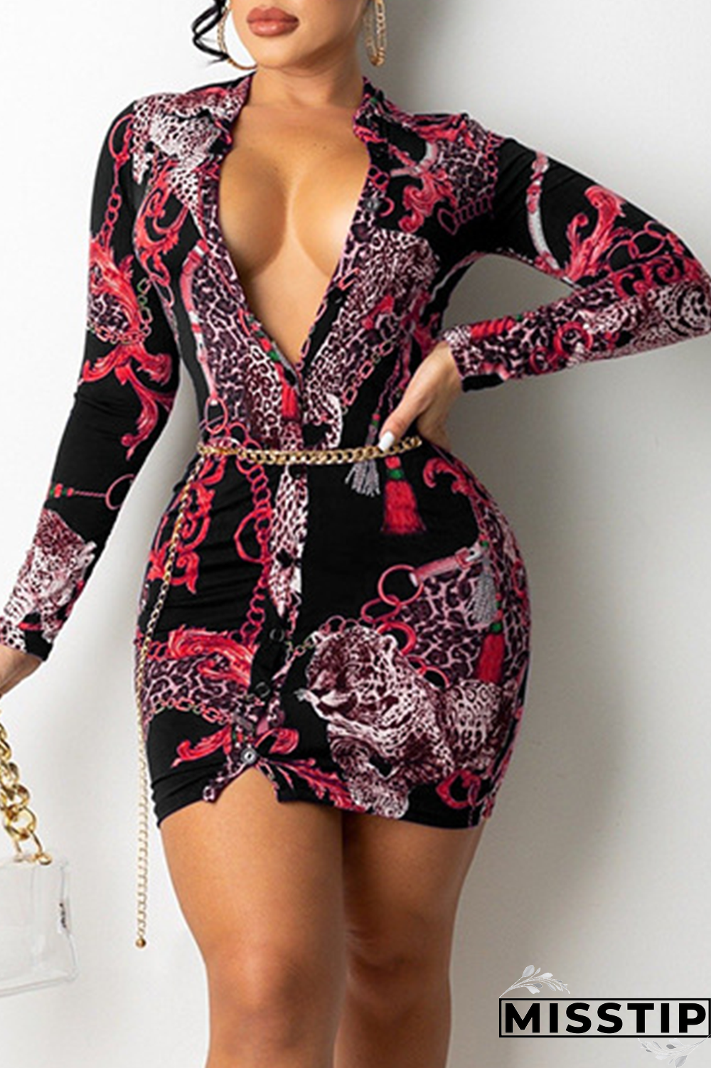 Pink Sexy Print Patchwork Turndown Collar Shirt Dress Dresses