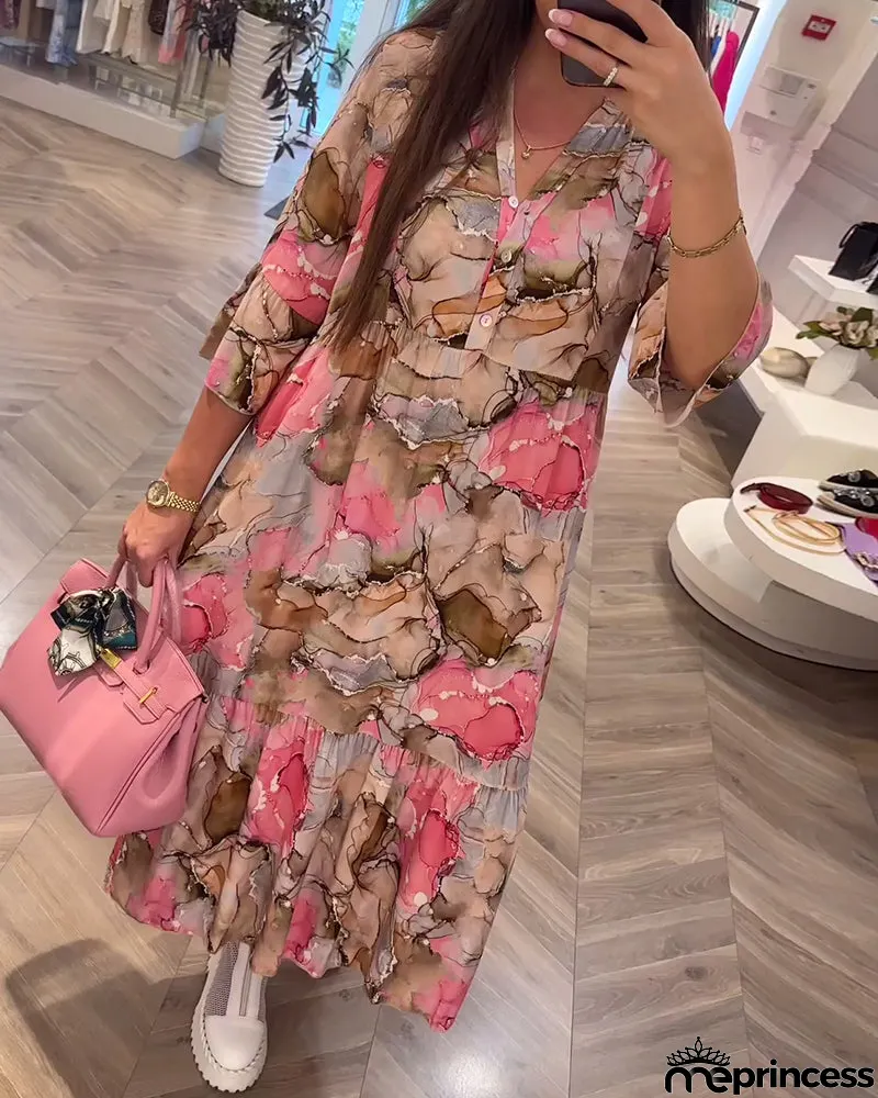 V-neck soft loose dress with print