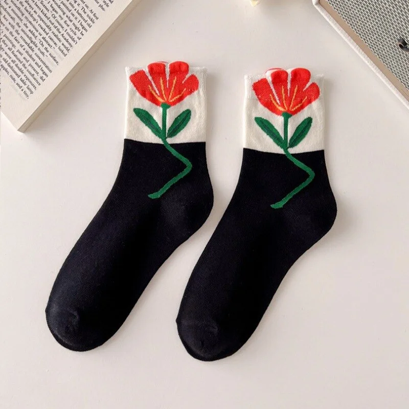 Japanese Three-dimensional Flower Pattern Medium Tube Cotton Socks