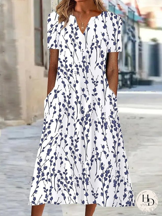 Casual Dress Shift Dress Summer Dress Floral Pocket Print V Neck Midi Dress Active Fashion Outdoor Date Short Sleeve Regular Fit Blue Khaki Apricot Summer Spring S M L XL XXL for Women