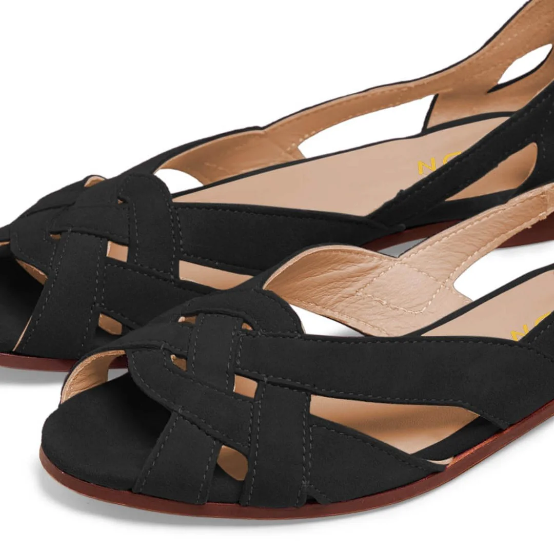 Vegan Suede Cut-Out Peep Toe Woven Flat Women's Sandals in Black