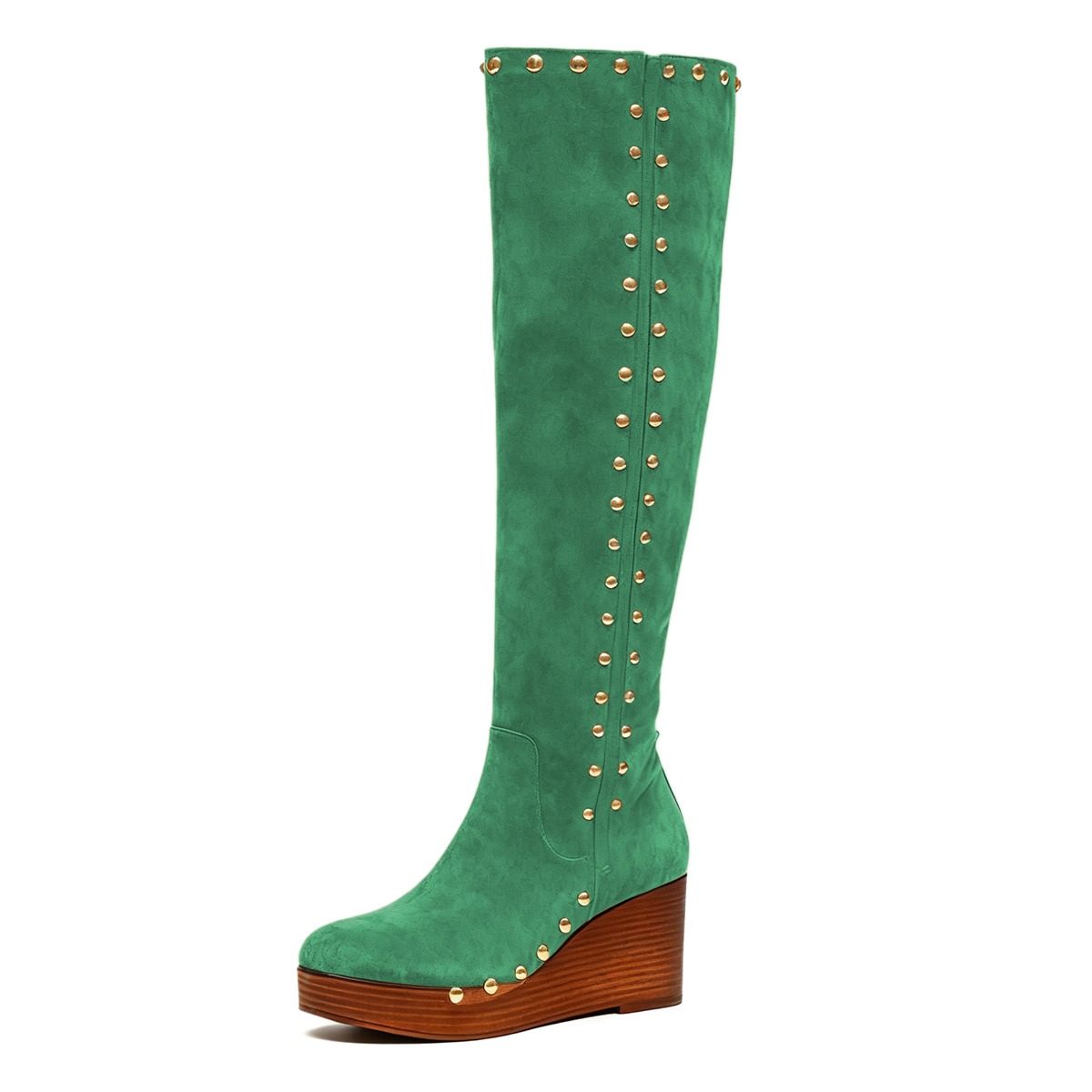 Green Studded Round Toe Zipper Platform Wedge Boots for Women Nicepairs