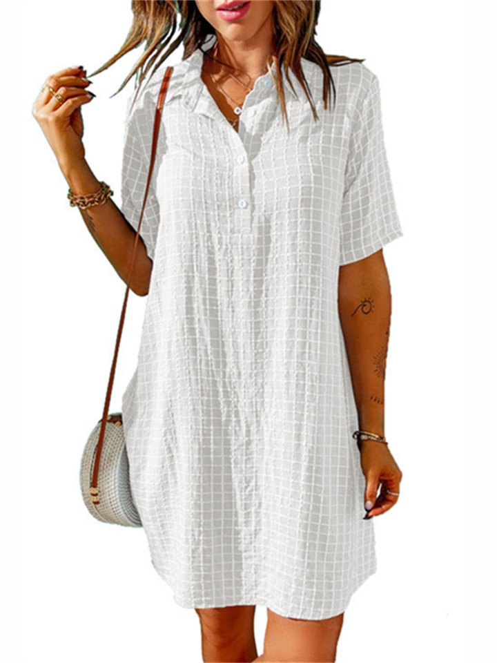 Women's Casual Shirt Short Skirt Lapel Plaid Loose Short Sleeve Dress White Dress | EGEMISS