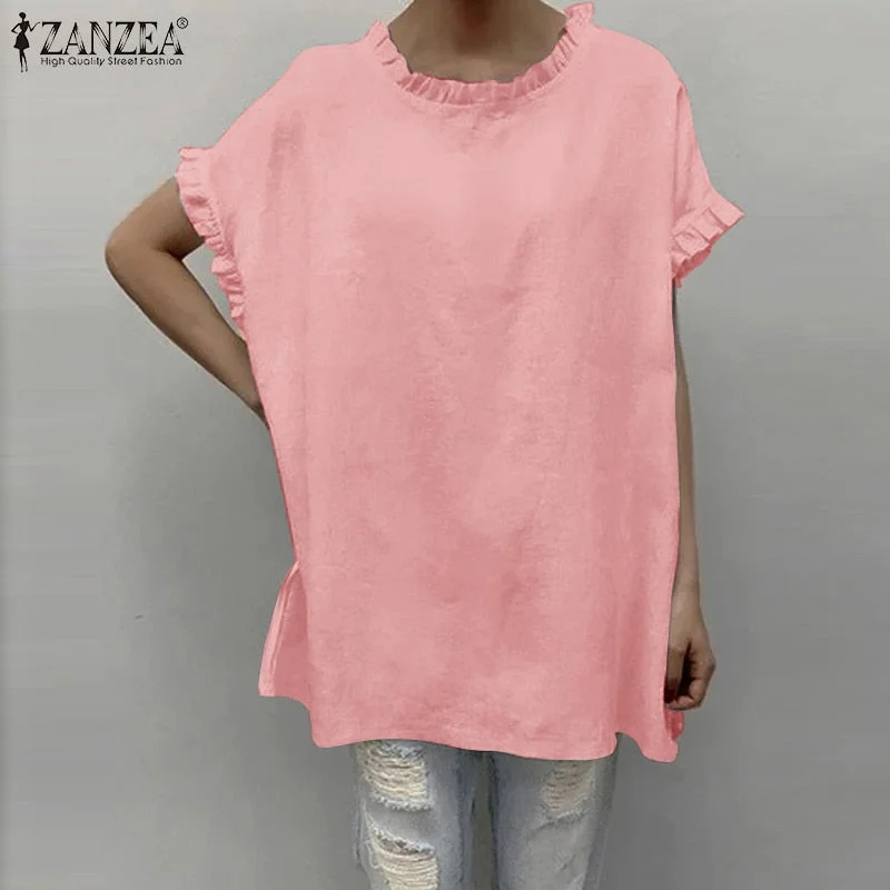 ZANZEA Fashion Women O Neck Short Sleeve Solid Shirt Elegant Ruffles Blouse Summer Tops Tunic Loose Casual Chemise Work Blusas
