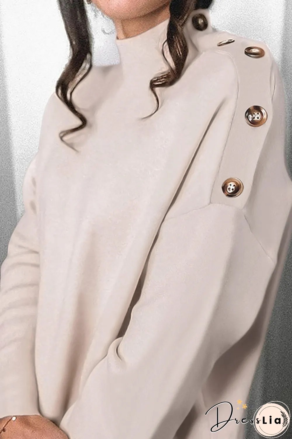 Elegant Solid Patchwork Buttons Turtleneck Tops