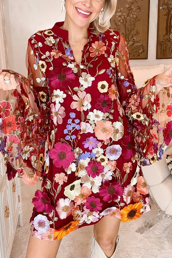 Flowers Blooming Embroidery Floral Applique Tiered Bell Sleeve Loose Mini Dress