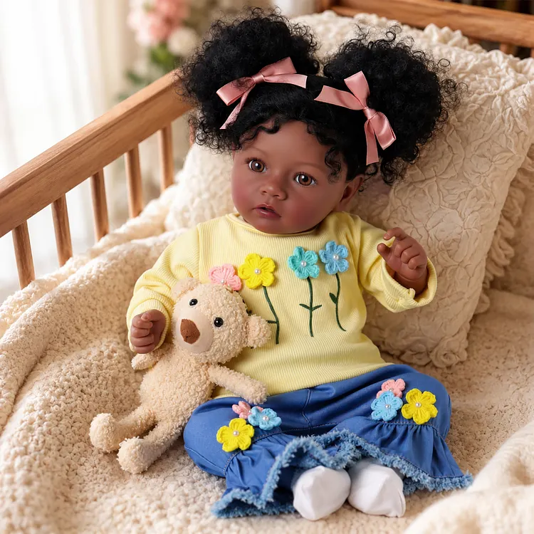 Babeside Princess Daisy 20" Realistic African American Toddler Baby Doll Girl in Floral Yellow Sweater & Denim Ruffle Pants